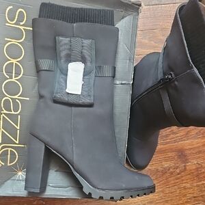 Shoe Dazzle Black Ribbed Cuff Lug Sole Heel Boots